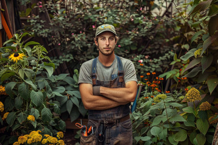 A gardener is sitting in a garden. He is smiling and he is enjoying the outdoorsの素材