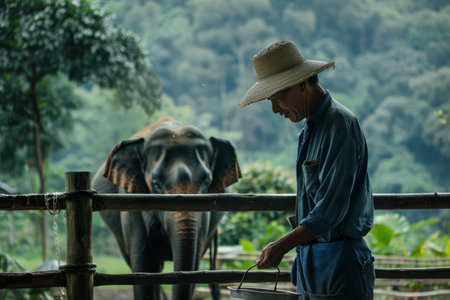 A elephant keeper feeds an elephant with a bucket. The man is wearing a straw hatの素材