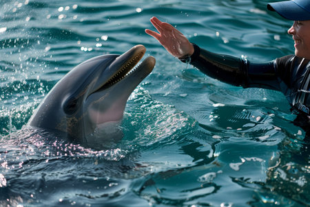 A dolphin is swimming in a pool. The water is clear and the dolphin is looking up at the cameraの素材