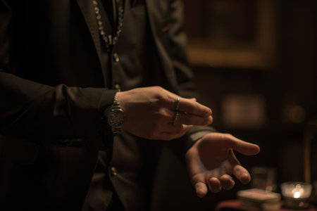 A magician is holding two hands in the air, with a glowing light in his hands. The scene is set in a dark room, with a crowd of people watching the man perform. Scene is mysterious and captivatingの素材