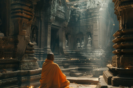 A monk in a robe is sitting in holy places. The room is filled with light and the man is in a meditative stateの素材