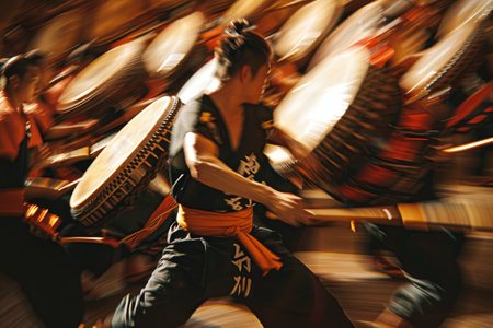 A man is playing drums in a band with other drummers. The man is wearing a white shirt and is playing a large drumの素材