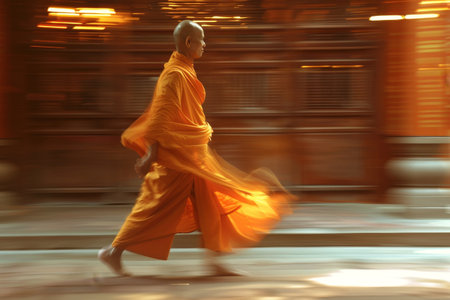 A monk in orange walking on a path in a garden. The person is barefoot and he is in a relaxed stateの素材
