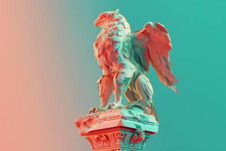 A large Griffin Guardian with its wings spread out. The statue is on a pedestal and is surrounded by a grey background. The statue appears to be a representation of freedom and powerの素材