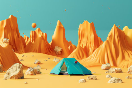 A small colorful tent is set up in the desert. The scene is desolate and barren, with only a few rocks scattered around. The tent is the only sign of life in this harsh environmentの素材