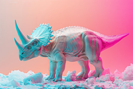 A dinosaur with a green and orange body and a large horn on its head. The dinosaur is walking on a yellow backgroundの素材