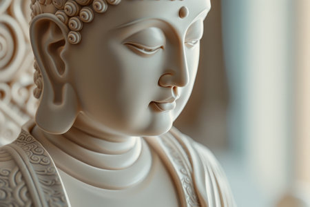 A statue of a Buddha with a serene expression. The statue is made of stone and is placed on a tableの素材