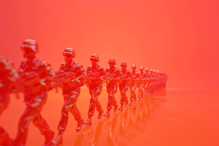 A group of soldier statue are walking in a colorful line. The people are all wearing white and pink uniforms. The scene is very bright and cheerful, with the pink color dominating the image in the style of cartoon modelsの素材