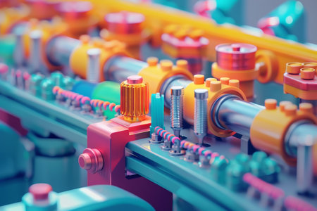 A factory with a lot of machinery and pipes. The pipes are yellow and blue. The factory is shown in a 3D modelの素材