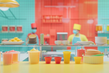 A colorful display of condiments and sauces, including a variety of green, yellow, and red bottlesの素材