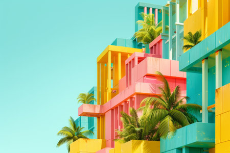 A city skyline with a beach in the background. The buildings are tall and colorful, and the sky is a mix of blue and orange. Scene is peaceful and serene, with the oceanの素材