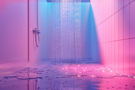 A shower with a water spray that is pink and purple. The water is falling from the ceiling and the floor is wetの素材