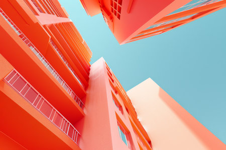 A colorful building with many windows and balconies. The building is a mix of different colors, including yellow, blue, and red. The windows are large. The balconies are also visibleの素材
