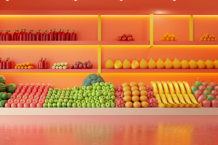 A colorful display of fruits and vegetables in a market. The bright colors and abundance of produce create a cheerful and inviting atmosphereの素材