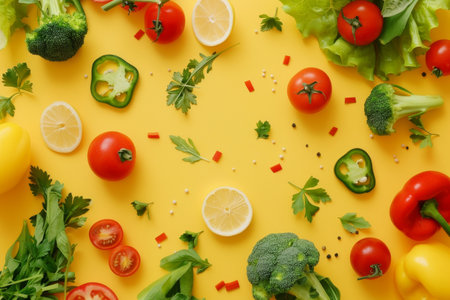 A close up of a salad with tomatoes and lettuce. The salad is arranged in a way that the tomatoes and lettuce are spread out and overlapping each otherの素材