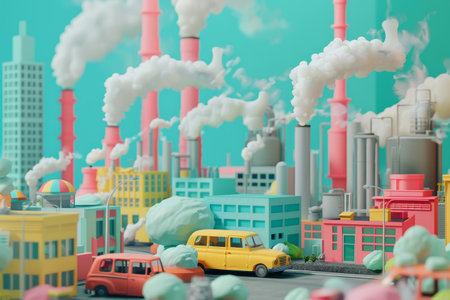 A group of toy cars are parked in a parking lot next to a factory. The cars are of different colors, including red, blue, and yellow. The scene is set in a cityの素材