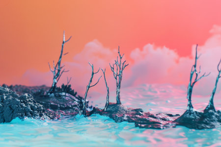 A beautiful and serene scene of a body of water with a few trees in the foreground. The trees are covered in ice, giving the impression of a frozen landscape. The sky is a mix of pink and orange huesの素材