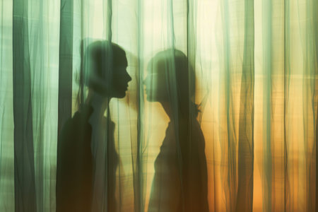 person is standing in front of a curtain, with the curtain being yellow. Scene is somewhat mysterious and somewhat eerieの素材