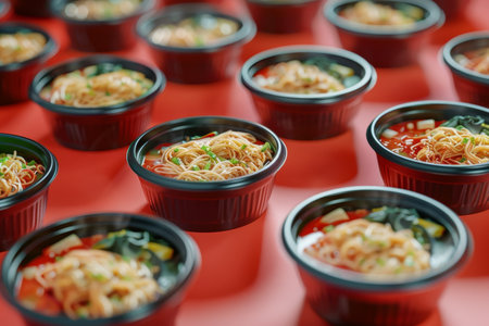 A row of plastic containers filled with noodles and vegetables. The containers are arranged in a neat row, and the noodles are visible in each one. Concept of abundance and varietyの素材