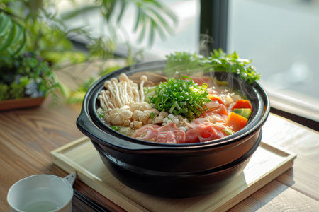 A bowl of assorted food, including meat, vegetables, and fruit, is displayed on a pink background. The bowl is black and he is a serving dish. The variety of food items suggests a colorfulの素材