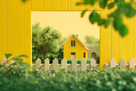 A small house is sitting in a field with a white colorful fence in the background. The house is red and white, and it is a simple, cozy homeの素材