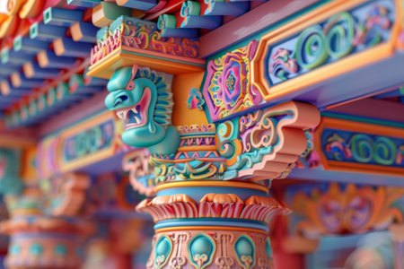 A colorful and ornate design on a building. The design is made up of various shades of red, green, and blue, creating a vibrant and eye-catching appearanceの素材