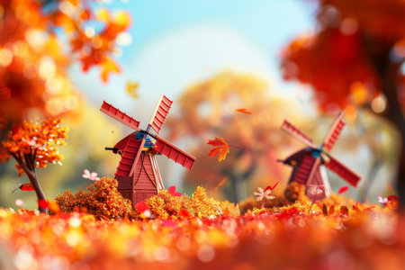 Two windmills are standing in a field with a sunset in the backgroundの素材