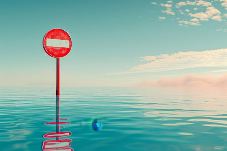 A colorful sign is on a wall next to a pool. The sign is in the water and the reflection of the sign is visible in the waterの素材