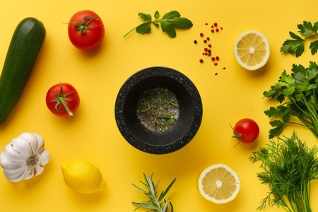 A bowl of mixed vegetables including peppers, broccoli, and lettuce. The bowl is on a green backgroundの素材