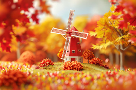Two windmills are standing in a field with a sunset in the backgroundの素材
