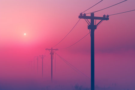 A long line of power poles with a bright sun in the background. The sun is setting and the sky is orangeの素材