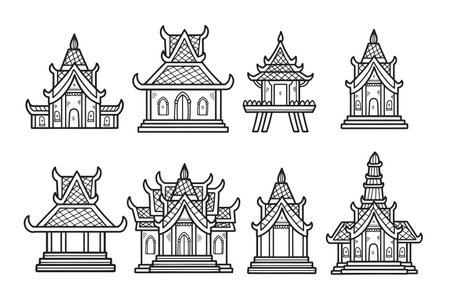 The image is a set of nine different buildings with Asian designs. The buildings are all lined up next to each other, and they all have a similar styleのイラスト素材