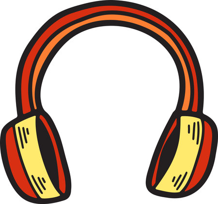 A pair of headphones with a cartoonish style. The headphones are drawn in black and white. The headphones are open and facing forwardのイラスト素材