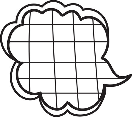 A black and white drawing of a speech bubble with dots in the middle. The speech bubble is drawn in a cartoon style and has a playful, lighthearted feel to itのイラスト素材