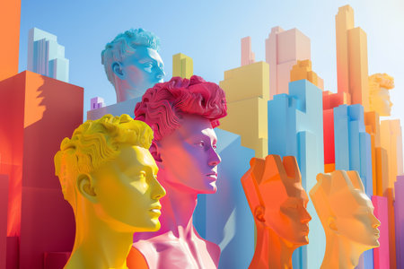 A group of colorful mannequins with different colored hair and faces stand in front of a cityscapeの素材