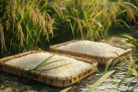 small wooden bowls filled with white rice. The bowls are placed on a bamboo matの素材
