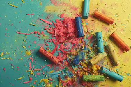 A colorful palette of crayons and paint is scattered on a colorful background. The colors are vibrant and the scene is lively, suggesting a playful and creative atmosphereの素材