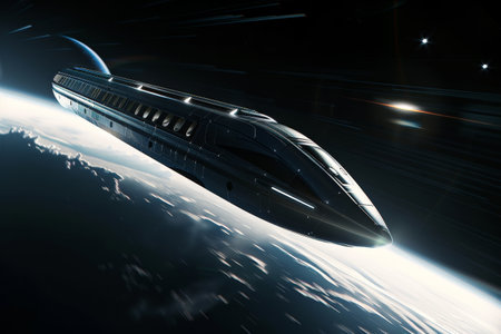 A futuristic train is flying through space. The train is long and sleek, with a bright yellow stripe down the middle. The train is surrounded by a dark sky, with only a few stars visibleの素材