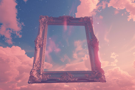 A frame with a mirror in the middle of a colorful galaxy. The frame is surrounded by stars and clouds, giving the impression of a cosmic scene. The mirror reflects the beauty of the galaxyの素材