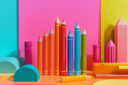 A colorful display of pencils and pens on a table. The pencils are arranged in a row, with some being red, green, and yellowの素材