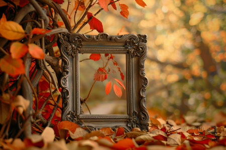 A frame with a leafy background and a mirror inside. The frame is empty and the background is filled with leavesの素材