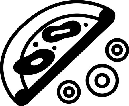 A slice of pizza with melted cheese on it. The pizza is cut in half and has a few toppings on itのイラスト素材