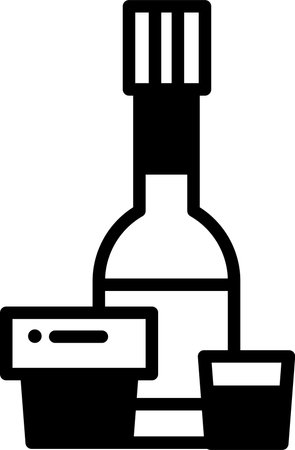 A bottle of liquor is next to two glasses. The bottle is tall and slender, with a cork stopper. The glasses are small and round, and they are placed on a tableのイラスト素材