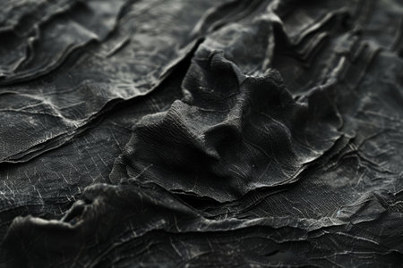 A black and white photo of a wrinkled piece of fabric. The photo has a moody and mysterious feel to it, as if it's been aged and worn over time. The fabric appears to be made of a coarse materialの素材
