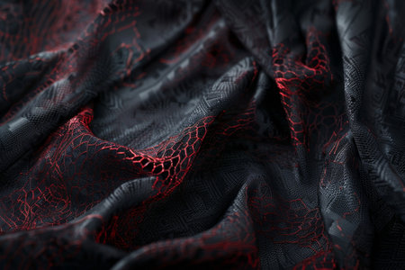 A black and red fabric with a pattern of snakes and other creatures. The fabric is very thick and has a lot of textureの素材