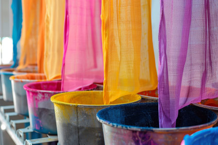 A row of buckets with colorful fabric hanging out of them. The buckets are filled with different colored paint, and the fabric is being dyed. Concept of creativity and artistic expressionの素材