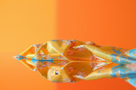 A colorful floral print scarf is reflected in a mirror. The scarf is draped over a table, and the reflection of the scarf is also draped over the table. Concept of elegance and sophisticationの素材