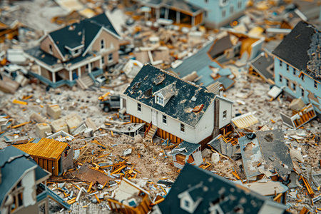 A city street with a lot of debris and rubble. The buildings are in ruins and the street is covered in rubbleの素材