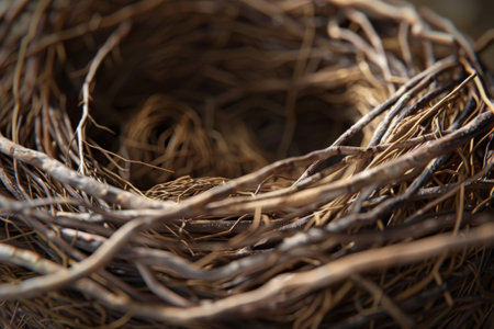 A nest made of twigs and branches is lit up with colorful lights. The nest is empty, but it gives off a warm and cozy feelingの素材