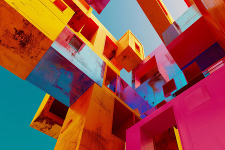 A colorful building made of blocks with a blue and pink section. The blocks are arranged in a way that creates a sense of depth and dimension. The colors of the blocks are vibrant and eye-catchingの素材